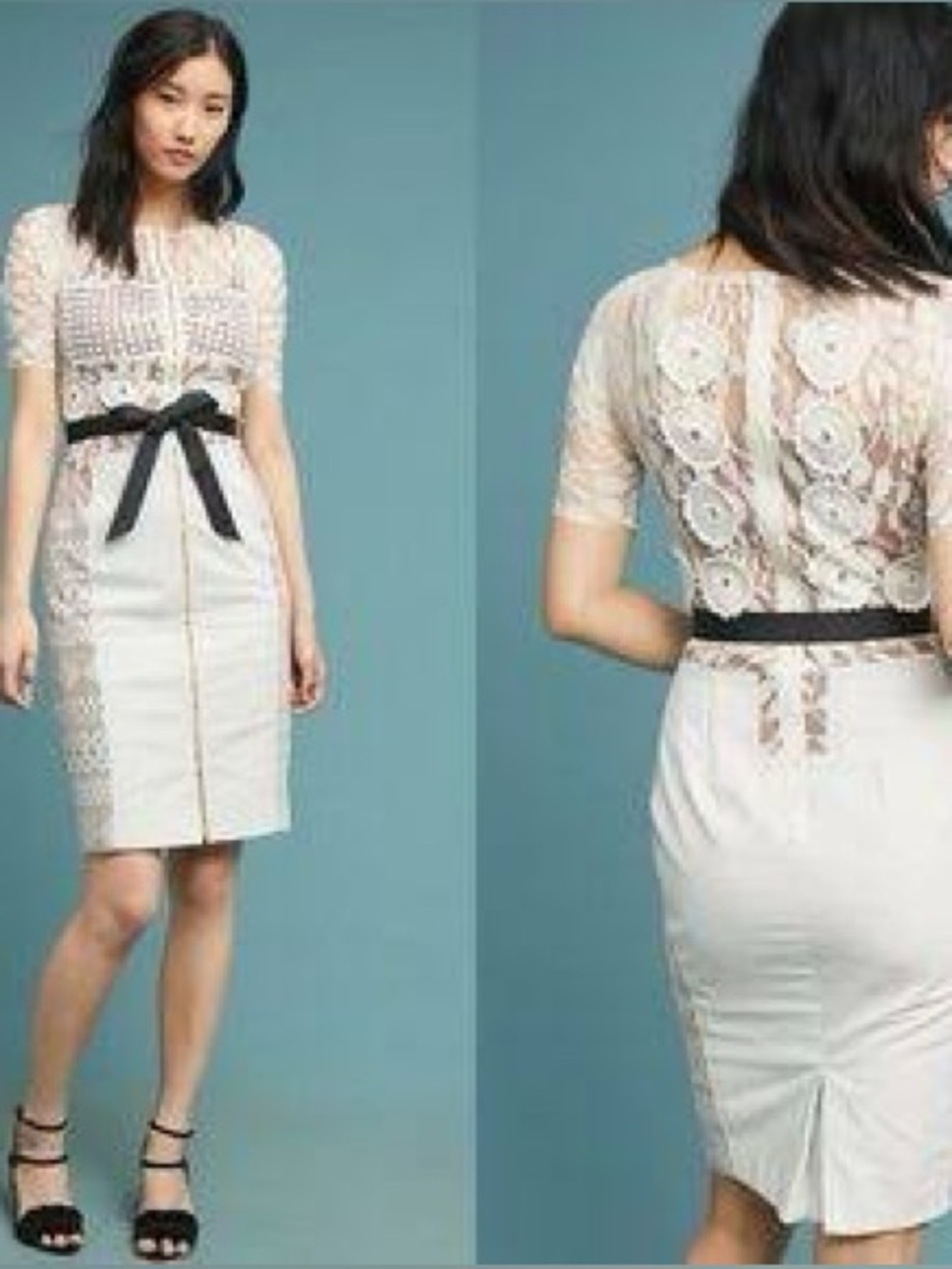 Anthropologie Beguile | Bryon Lars Ivory Lace Sheath Dress with Black Waist Sash